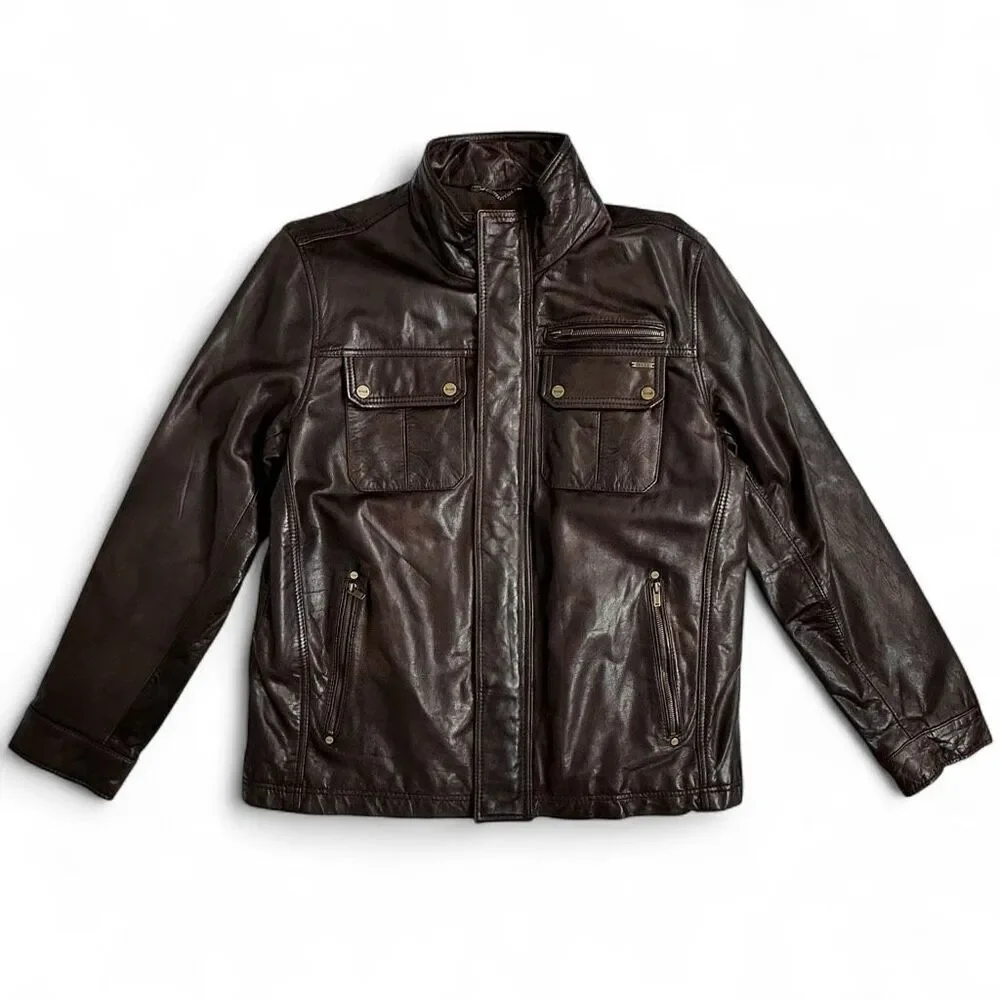 GUESS Brown Leather Moto Field Jacket XL – Genuine Leather – Rare 11PLA1001